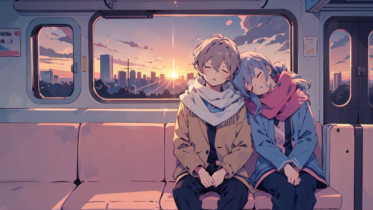 Wallpaper couple, sleep, romance, train, dawn, anime, art