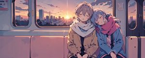 Preview wallpaper couple, sleep, romance, train, dawn, anime, art