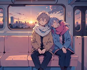 Preview wallpaper couple, sleep, romance, train, dawn, anime, art