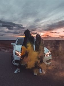 Preview wallpaper couple, smoke, car, girl, guy