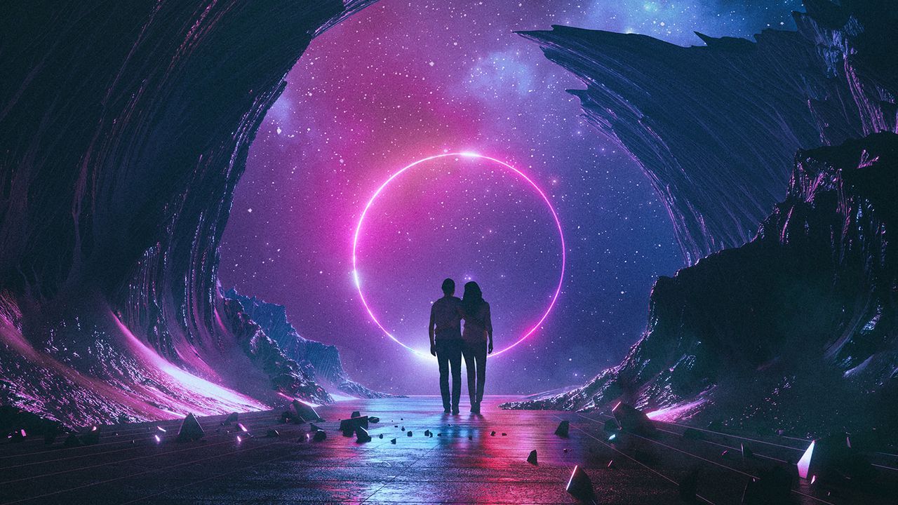 1280x720 Wallpaper couple, starry sky, art, space, hugs