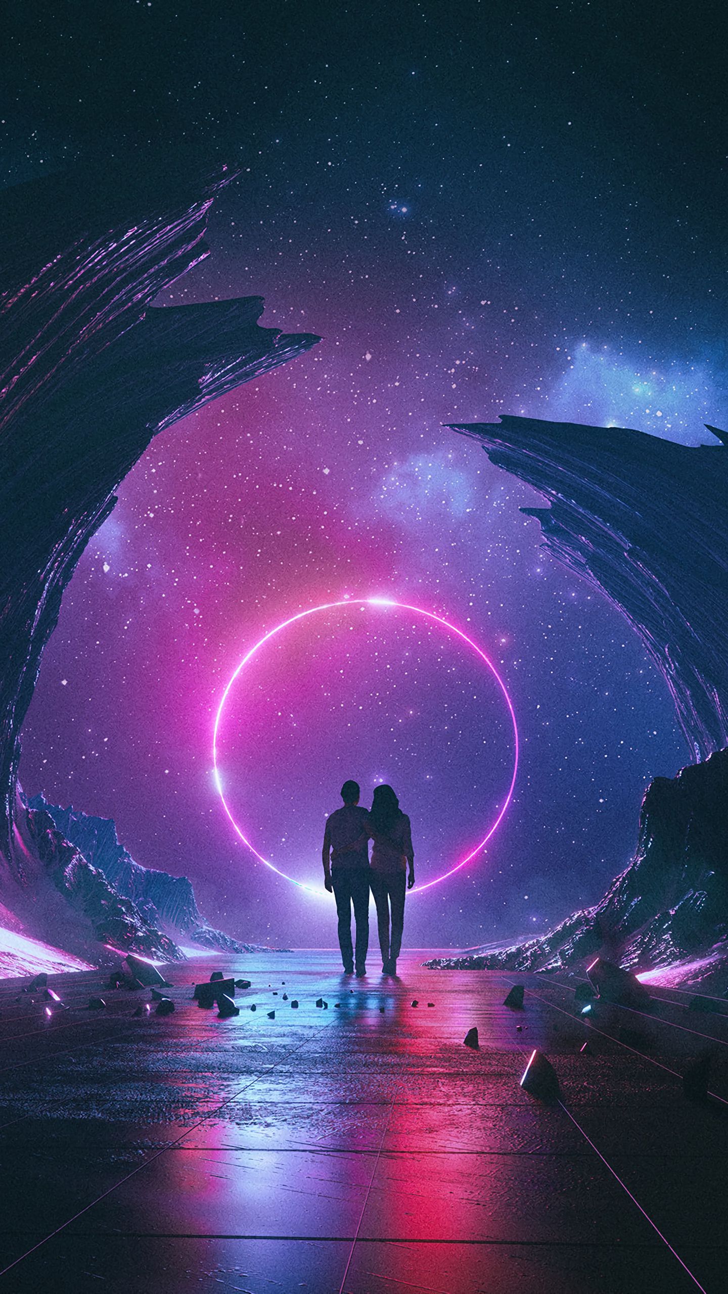 1440x2560 Wallpaper couple, starry sky, art, space, hugs