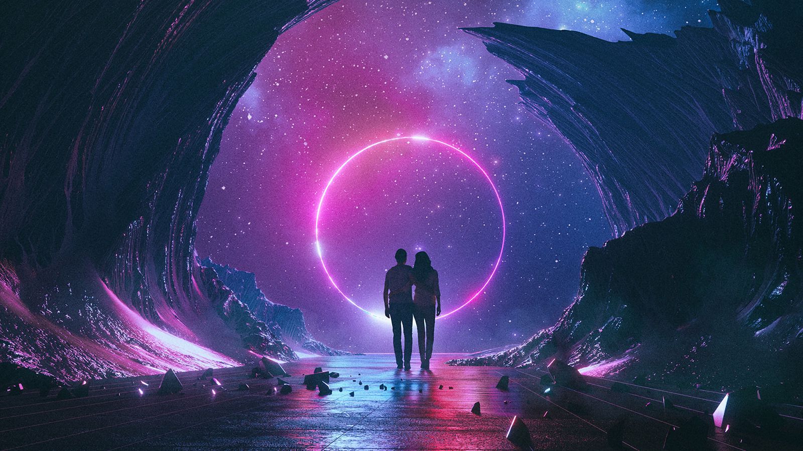 1600x900 Wallpaper couple, starry sky, art, space, hugs