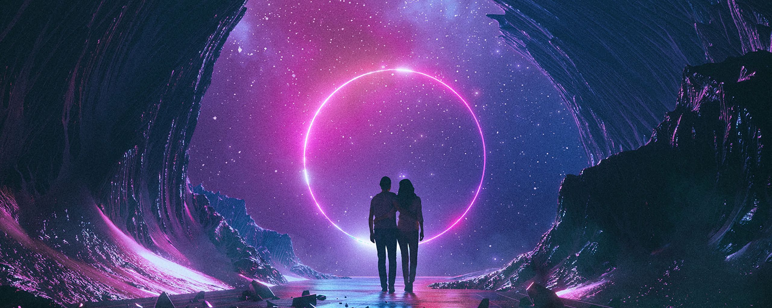 2560x1024 Wallpaper couple, starry sky, art, space, hugs