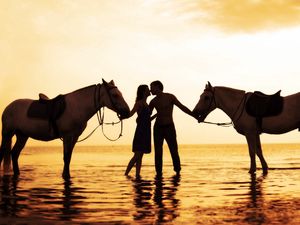 Preview wallpaper couple, sunset, sea, tenderness, horses, romance