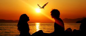 Preview wallpaper couple, sunset, sea, birds