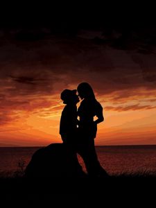 Preview wallpaper couple, sunset, silhouette, arms, stone