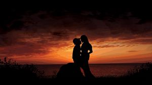 Preview wallpaper couple, sunset, silhouette, arms, stone