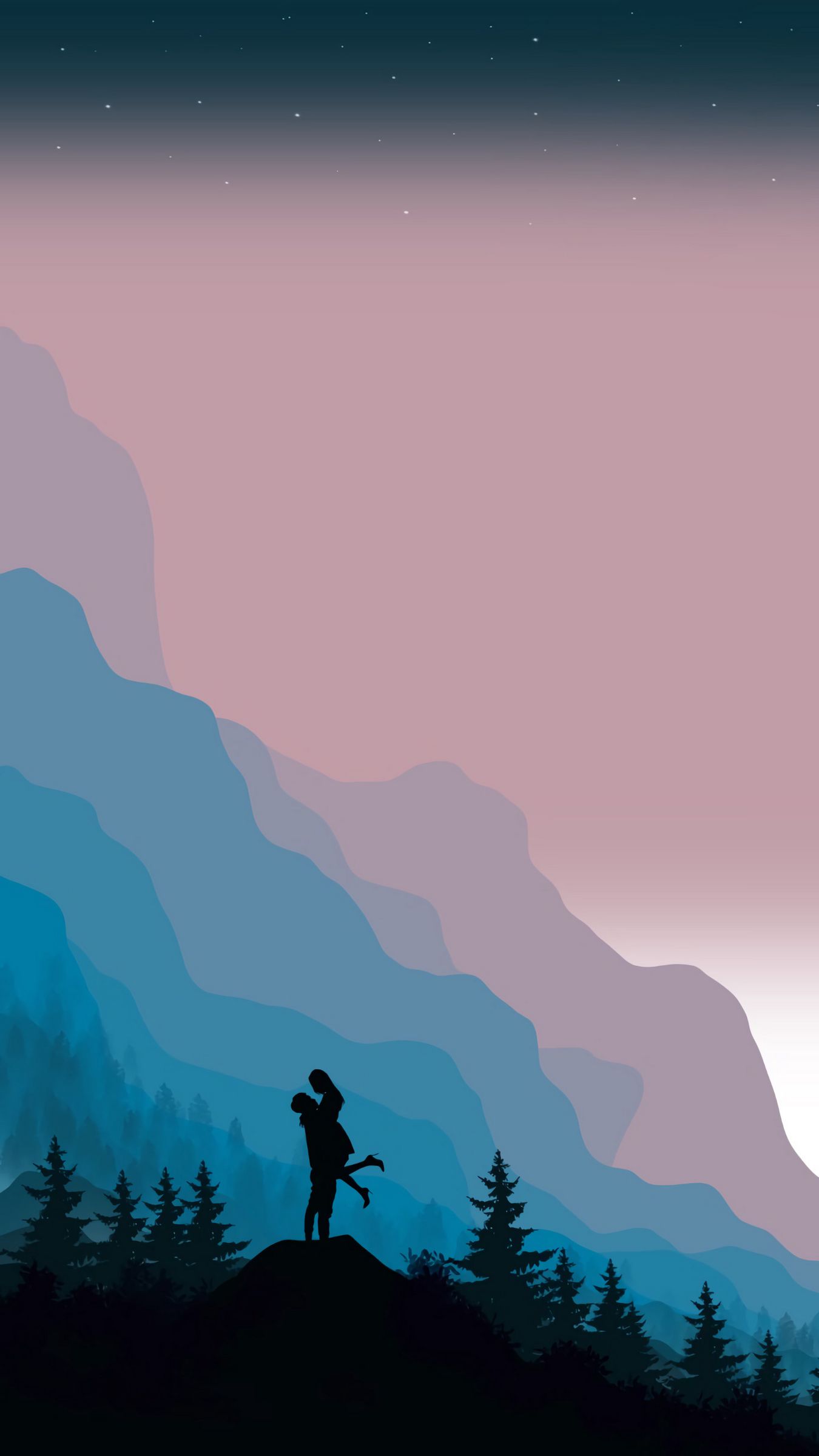 1350x2400 Wallpaper couple, trees, silhouettes, love, art