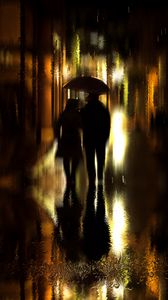 Preview wallpaper couple, umbrella, rain, silhouettes, walk, romance