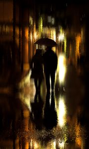 Preview wallpaper couple, umbrella, rain, silhouettes, walk, romance