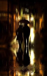 Preview wallpaper couple, umbrella, rain, silhouettes, walk, romance