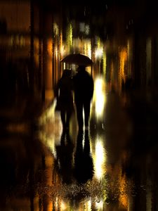 Preview wallpaper couple, umbrella, rain, silhouettes, walk, romance