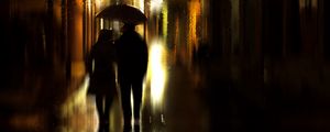 Preview wallpaper couple, umbrella, rain, silhouettes, walk, romance