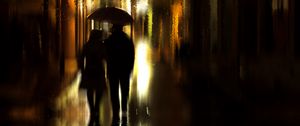 Preview wallpaper couple, umbrella, rain, silhouettes, walk, romance