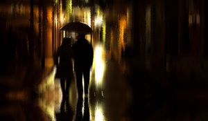 Preview wallpaper couple, umbrella, rain, silhouettes, walk, romance