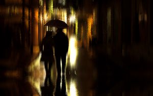 Preview wallpaper couple, umbrella, rain, silhouettes, walk, romance