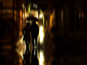 Preview wallpaper couple, umbrella, rain, silhouettes, walk, romance