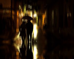 Preview wallpaper couple, umbrella, rain, silhouettes, walk, romance