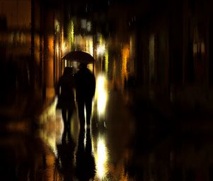 Preview wallpaper couple, umbrella, rain, silhouettes, walk, romance