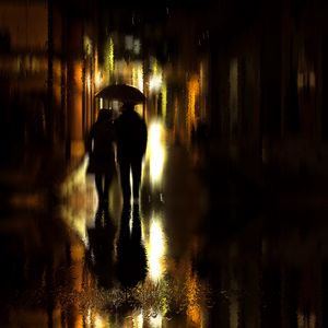 Preview wallpaper couple, umbrella, rain, silhouettes, walk, romance