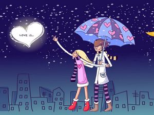 Preview wallpaper couple, walk, rain, drawing, umbrella