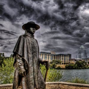 Preview wallpaper cowboy james storm, monument, river, building, hdr