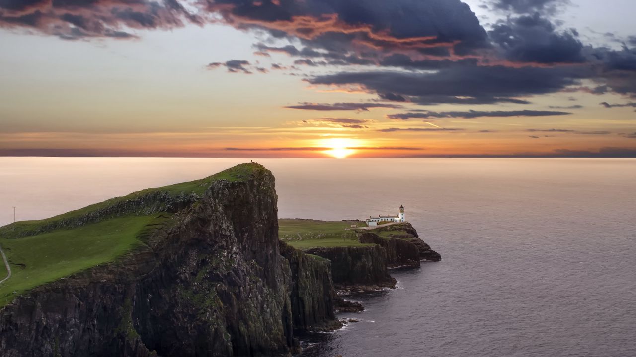 Wallpaper crag, sunset, lighthouse, sea, horizon