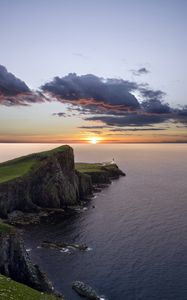 Preview wallpaper crag, sunset, lighthouse, sea, horizon