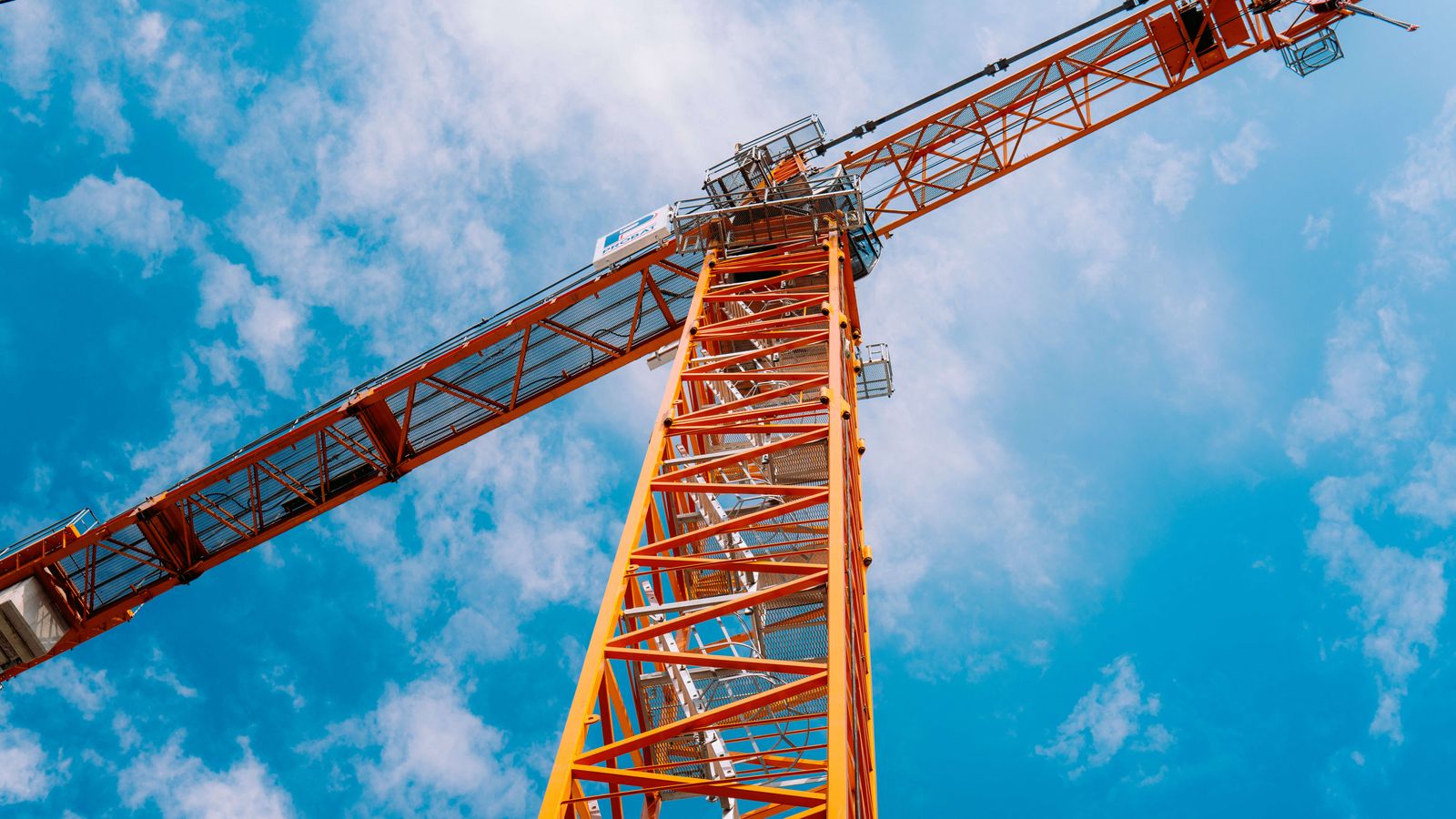 1600x900 Wallpaper crane, construction, clouds, sky, height