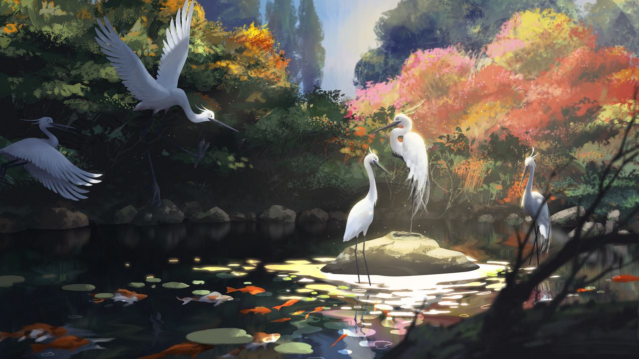 Wallpaper cranes, birds, pond, art