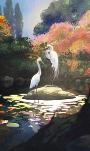 Preview wallpaper cranes, birds, pond, art