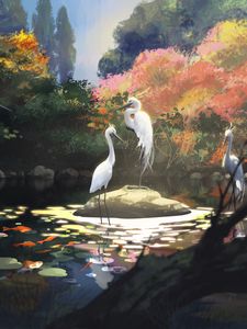 Preview wallpaper cranes, birds, pond, art