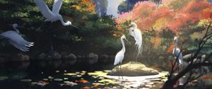 Preview wallpaper cranes, birds, pond, art