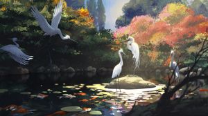 Preview wallpaper cranes, birds, pond, art