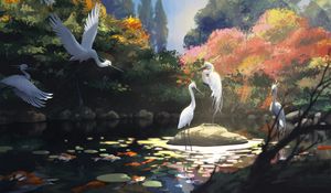 Preview wallpaper cranes, birds, pond, art