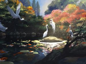 Preview wallpaper cranes, birds, pond, art