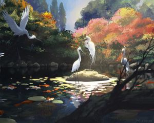Preview wallpaper cranes, birds, pond, art