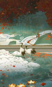 Preview wallpaper cranes, pond, maple, leaves, autumn, art
