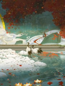 Preview wallpaper cranes, pond, maple, leaves, autumn, art