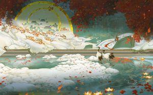 Preview wallpaper cranes, pond, maple, leaves, autumn, art