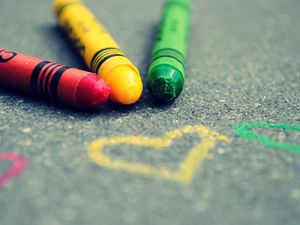 Preview wallpaper crayons, pencil, drawing, asphalt, heart, colorful, positive