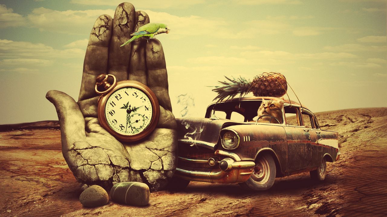 Wallpaper creative, hand, surrealism, car, clock, pineapple, cat
