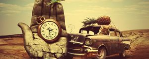 Preview wallpaper creative, hand, surrealism, car, clock, pineapple, cat