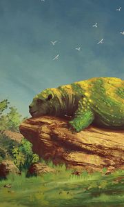 Preview wallpaper creature, beast, green, stone, lies, sleeps