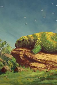 Preview wallpaper creature, beast, green, stone, lies, sleeps