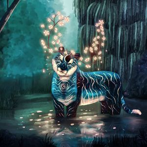 Preview wallpaper creature, tiger, horns, fantasy, glow