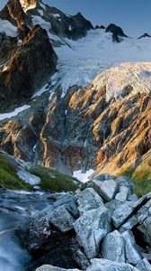 Preview wallpaper creek, mountains, rocks, light