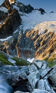 Preview wallpaper creek, mountains, rocks, light