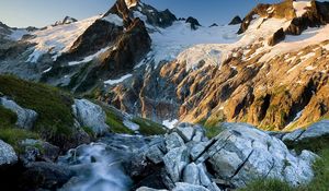 Preview wallpaper creek, mountains, rocks, light